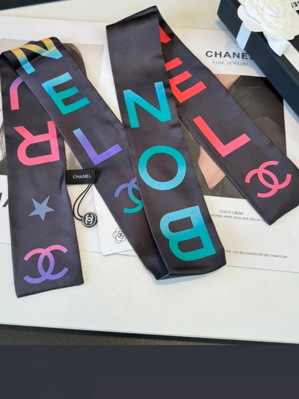 💚 Double C Designer Black Rainbow Colors Twilly Spell Out Scarf